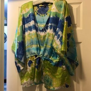 Blue and green v-neck top